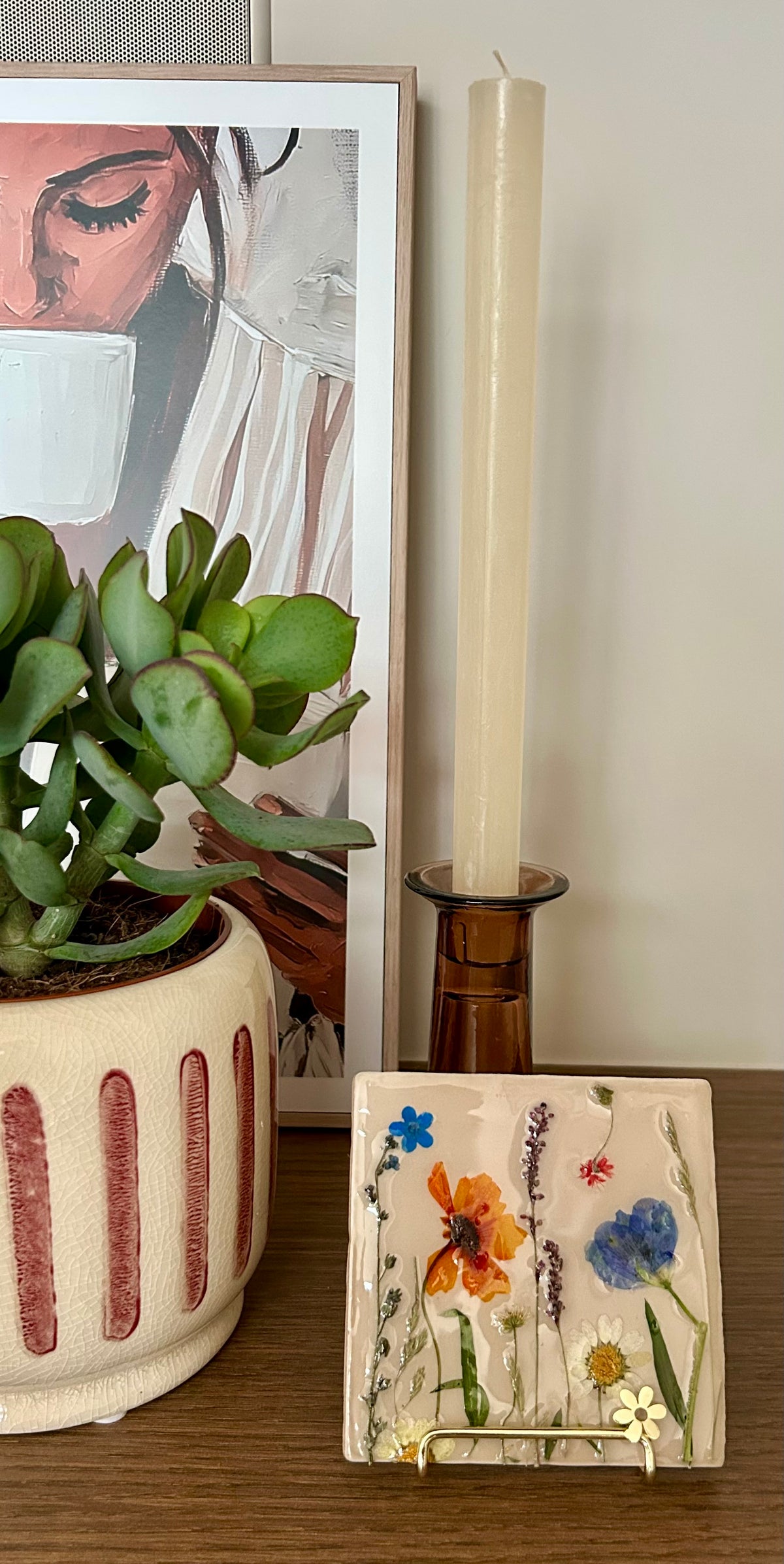 Beige blauw/oranje
