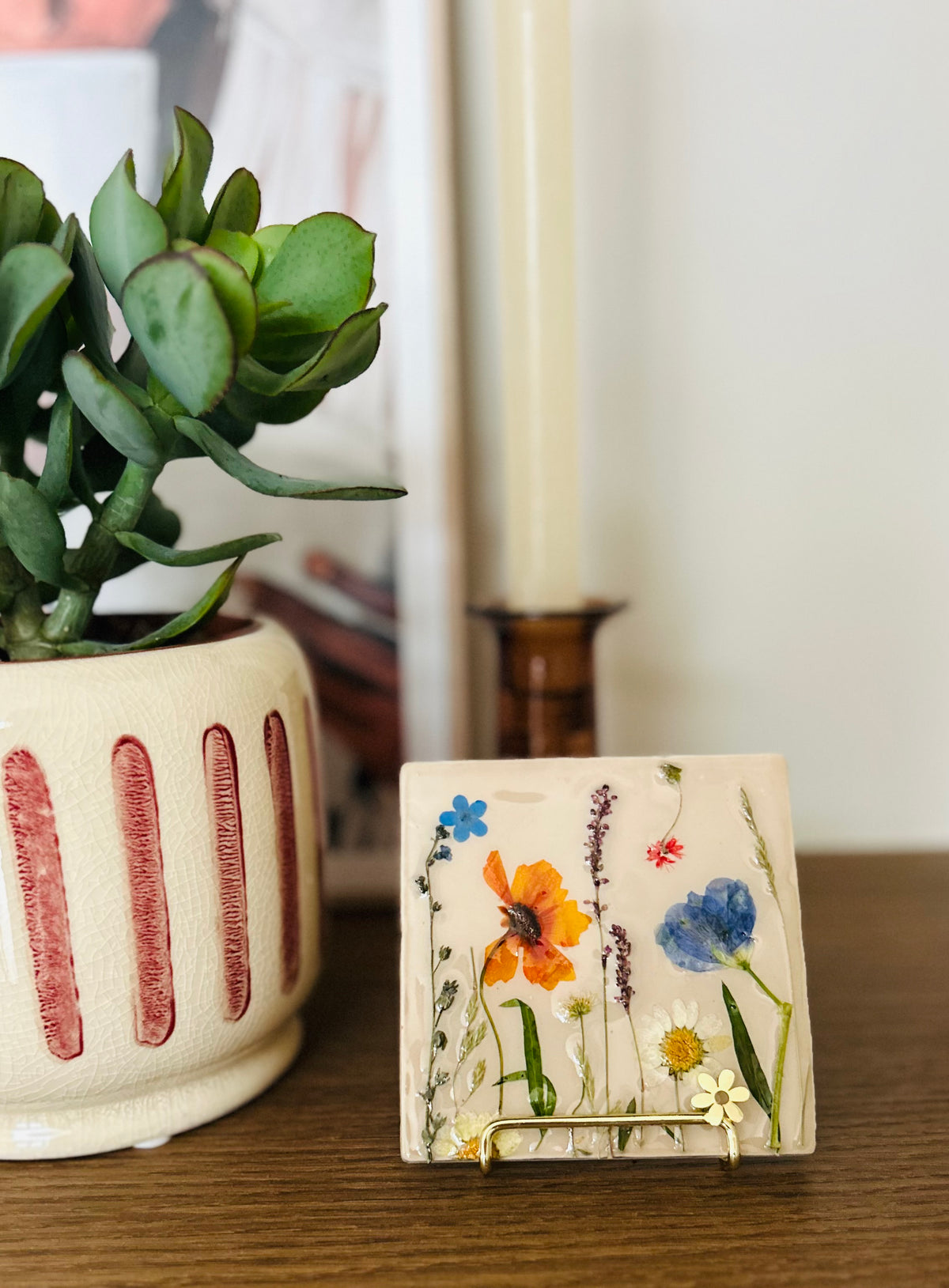 Beige blauw/oranje